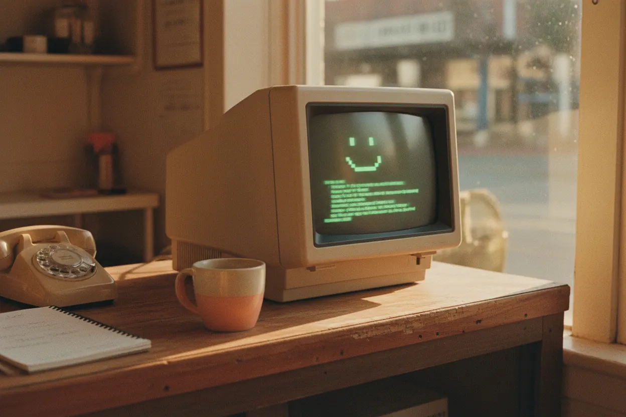 Computador de 1985 no balcão de uma loja, com um rosto sorridente e o atendimento na tela